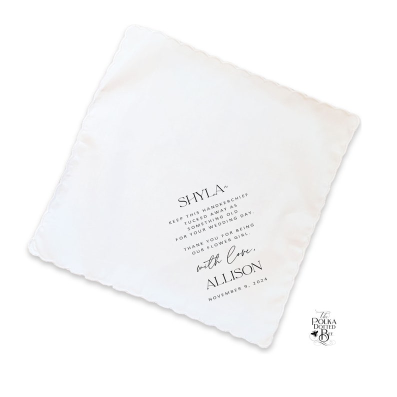 Flower Girl or Junior Bridesmaid Handkerchief Wedding Day Gift from Bride and Groom, Personalized Something Old Keepsake Hankie from Couple image 4