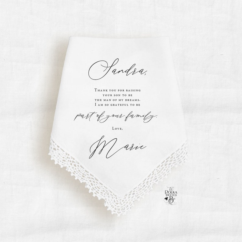 Mother In Law Wedding Handkerchief Gift from Bride, Personalized Hankie Keepsake for Grooms Mother from Bride, Gift from Daughter in Law image 1