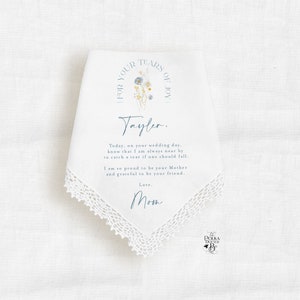 Handkerchief for the Bride on her Wedding Day From Mother, Personalized Something Blue Hankie Keepsake for the Bride on her Wedding Day