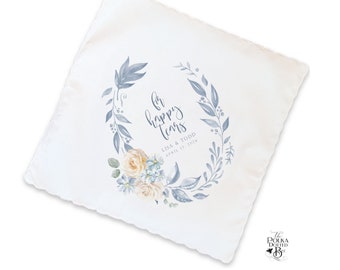 Wedding Day Memento Gift Handkerchief for Parents of Bride or Groom, Blue Bridal Wedding Date Keepsake Personalize with Couples Names