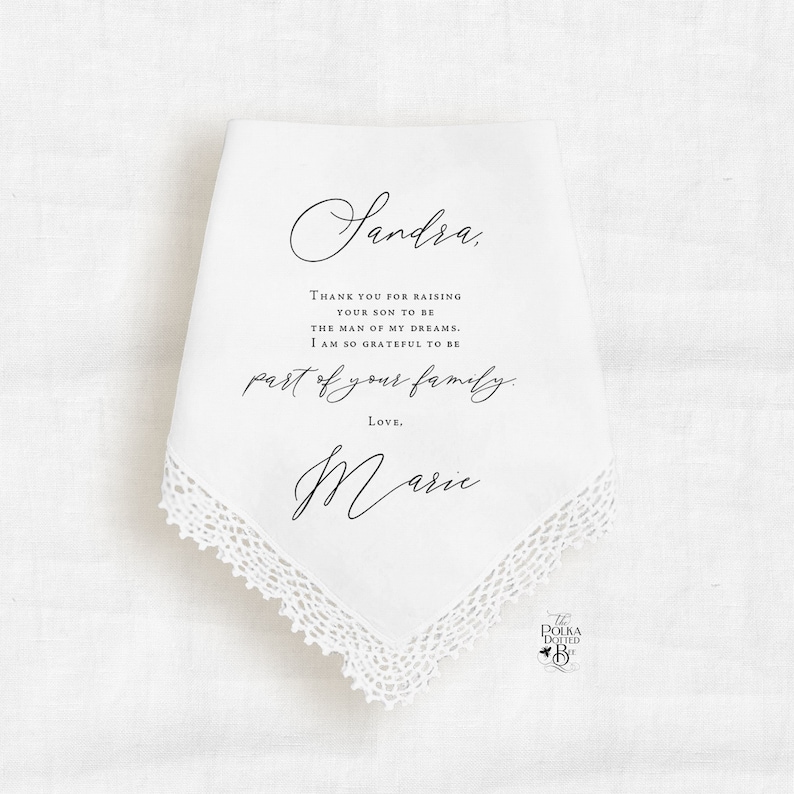 Mother In Law Wedding Handkerchief Gift from Bride, Personalized Hankie Keepsake for Grooms Mother from Bride, Gift from Daughter in Law image 1