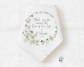 Mother In Law Wedding Handkerchief Gift from Bride, Personalized Keepsake Hankie with Florals and Eucalyptus for Mother of Groom from Bride