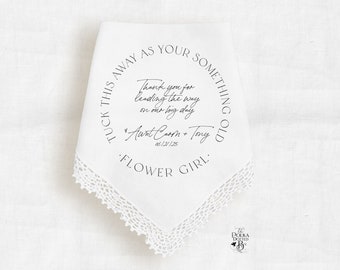 Flower Girl Handkerchief Gift from Bride and Groom on Wedding Day, Personalized Something Old Keepsake Hankie for Flower Girl in Modern Font