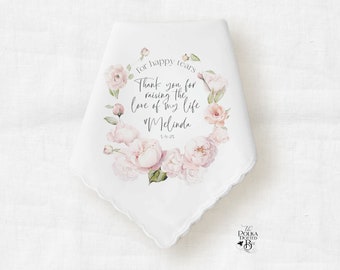 Mother In Law Wedding Handkerchief Gift from Bride, Personalized Keepsake Hankie with Pink Florals for Mom of Groom from Daughter in Law