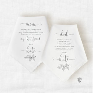 Parents of the Bride Handkerchief Gift Set, Personalized Hankie Keepsake for Mom and Dad from Bride, Customized with Names, Date and Poem