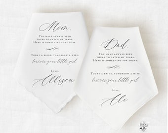 Mother of Bride Handkerchief Wedding Day Gift Set, Personalized Hankie Keepsake for Mom and Dad with Wedding Poem in Formal Font