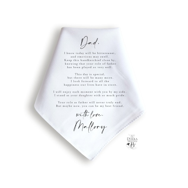 Father of the Bride Handkerchief Wedding Gift for your Dad or Stepdad, Sentimental Hankie Keepsake Personalized with Names and Wedding Date