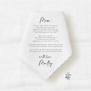 Mother of the Bride Handkerchief Gift from the Bride, Personalized Keepsake Hankie Customized with Poem, Names and Date, Gift Box Included