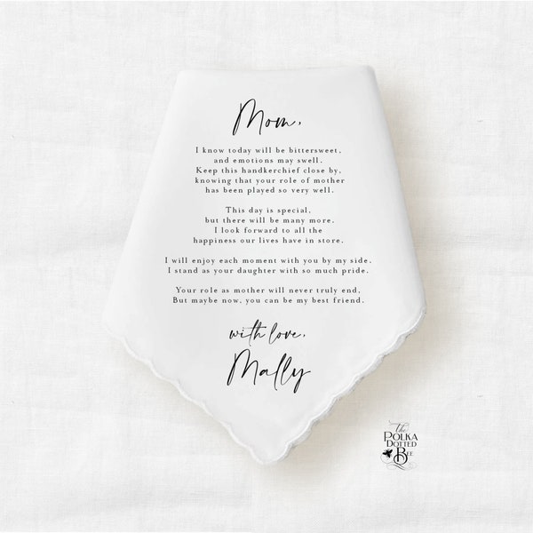 Mother of the Bride Handkerchief Gift from the Bride, Personalized Keepsake Hankie Customized with Poem, Names and Date, Gift Box Included