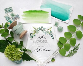 Wedding Handkerchief for Mother of the Bride or Groom, Handkerchief Gift Set for Parents on Wedding Day, Greenery Garland