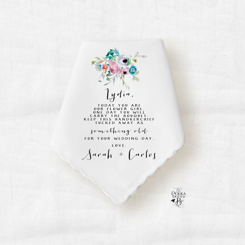 Flower Girl Handkerchief Wedding Gift from Bride, Personalized Floral Hankie Keepsake from Couple to Jr Bridesmaid or Bridal Attendant image 1