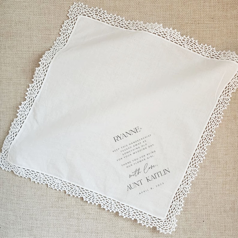 Flower Girl or Junior Bridesmaid Handkerchief Wedding Day Gift from Bride and Groom, Personalized Something Old Keepsake Hankie from Couple image 3