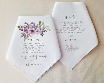 Mother of the Bride Handkerchief, Personalized Wedding Gift for Parents from the Bride, From Daughter to Mom, From Bride to Dad- Lilac Style