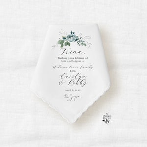 Daughter In Law Handkerchief Gift from Mother in Law, Personalized Blue Floral Handkerchief Keepsake for Bride from In Laws on Wedding Day