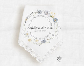 Blue Floral Mother of Bride Handkerchief Gift for Mom, Personalized with Names and Wedding Date, Custom Hankie Keepsake from Bride and Groom