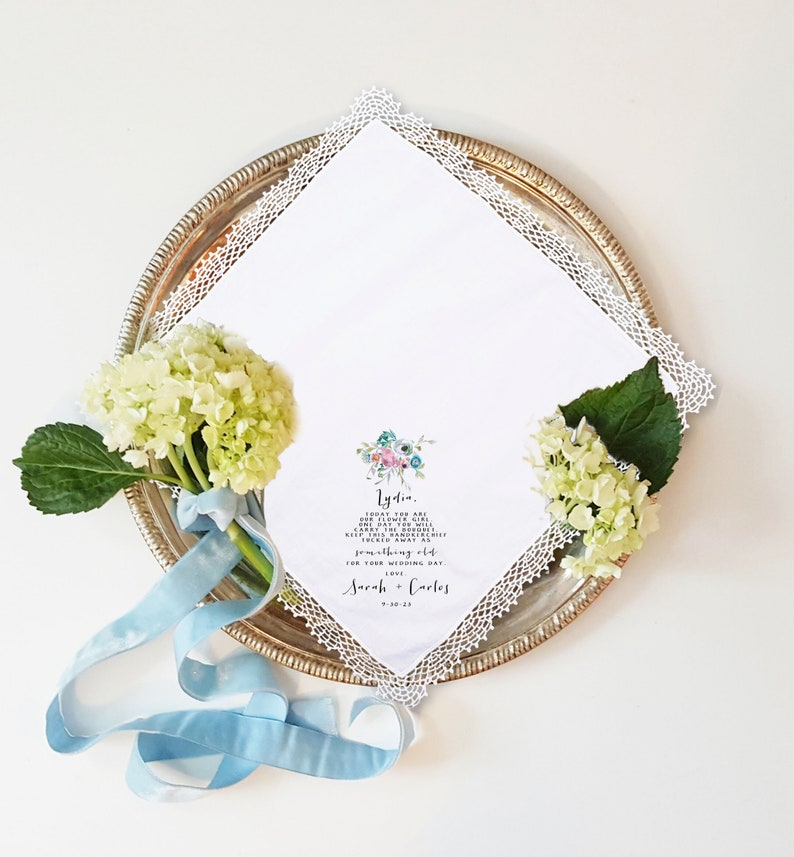 Flower Girl Handkerchief Wedding Gift from Bride, Personalized Floral Hankie Keepsake from Couple to Jr Bridesmaid or Bridal Attendant image 3