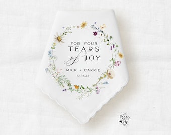 Personalized Floral Wedding Handkerchief Gift for Mom, Wedding Date Keepsake for Mother of the Bride and Mother of the Groom, Tears of Joy