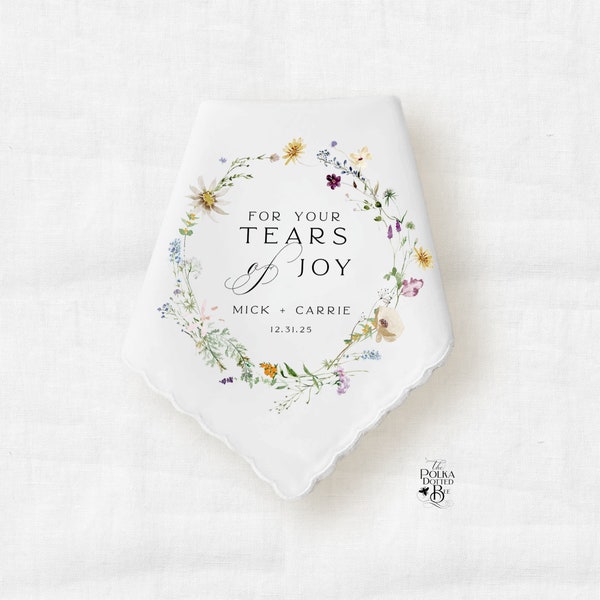 Personalized Floral Wedding Handkerchief Gift for Mom, Wedding Date Keepsake for Mother of the Bride and Mother of the Groom, Tears of Joy