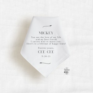 Custom Groom Handkerchief Gift from Bride,  Personalized Message Mens Handkerchief from Bride, Keepsake for the Groom on his Wedding Day