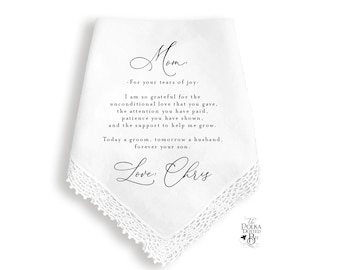 Mother of the Groom Handkerchief Gift from Son, Wedding Day Keepsake Hankie for Mom from Son, Personalized Message for the Mother of Groom