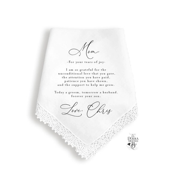 Mother of the Groom Handkerchief Gift from Son, Wedding Day Keepsake Hankie for Mom from Son, Personalized Message for the Mother of Groom