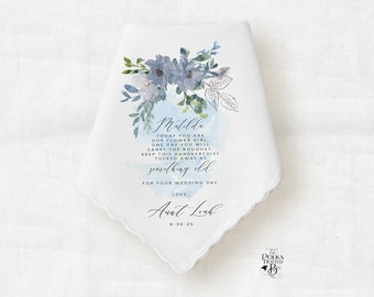 Flower Girl Handkerchief Wedding Day Gift from Bride, Personalized Blue Floral Keepsake for Jr Bridesmaid or Bridal Attendant from Couple