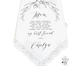 Mother of the Bride Wedding Handkerchief Present with Modern Floral Detail, Personalized and Sentimental Wedding Day Idea from Bride to Mom