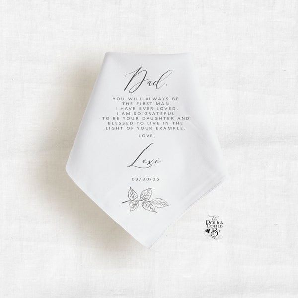 Father of the Bride Handkerchief Thoughtful Wedding Gift for Dad, Personalized Pocket Square Hankie Keepsake from Daughter to Dad with Leaf
