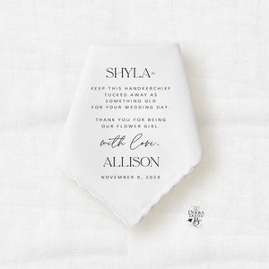 Flower Girl or Junior Bridesmaid Handkerchief Wedding Day Gift from Bride and Groom, Personalized Something Old Keepsake Hankie from Couple image 1