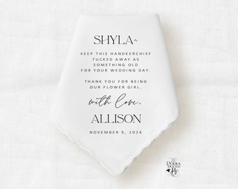 Flower Girl or Junior Bridesmaid Handkerchief Wedding Day Gift from Bride and Groom, Personalized Something Old Keepsake Hankie from Couple