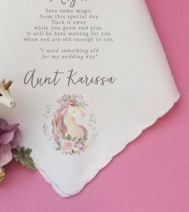 Flower Girl Gift CUSTOM MESSAGE Unicorn Flower Girl Wedding Gift Muted Colored Unicorn Personalized Keepsake Wedding Handkerchief