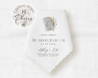 Moon Phase Wedding Handkerchief Keepsake, Personalized Hankie with Couple's Name and Moon Phase of your Wedding Date, Astrology