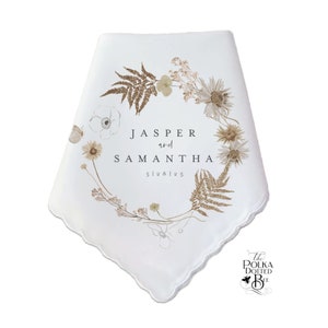 Personalized Wedding Handkerchief Gift with Couples Names and Event Date, Wedding Day Keepsake for Guests, Natural Floral Wedding Gift Idea