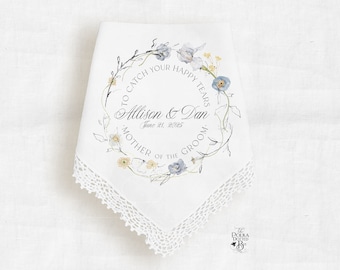Blue Floral Mother of Groom Handkerchief Gift Personalized with Couple's Names and Wedding Date, Custom Hankie Keepsake from Bride and Groom