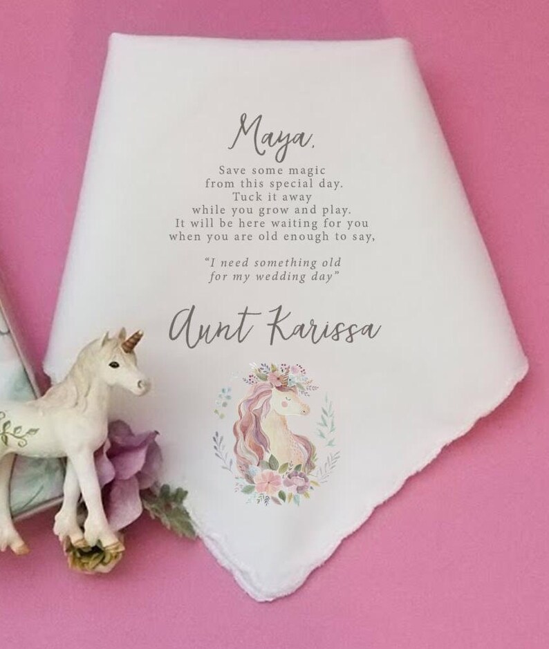 Flower Girl Gift CUSTOM MESSAGE Unicorn Flower Girl Wedding Gift Muted Colored Unicorn Personalized Keepsake Wedding Handkerchief