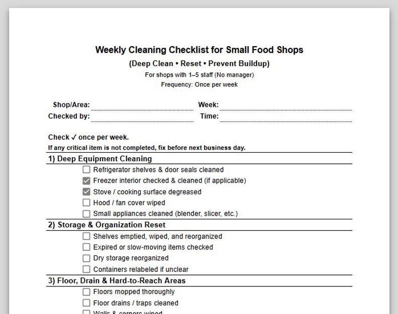 Shop Housekeeping Checklist.pdf Weekly Cleaning Checklist for Small Food Shops | Printable PDF (A4) - Etsy