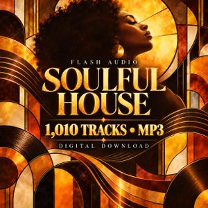 May include: A digital download cover art featuring the text FLASH AUDIO SOULFUL HOUSE 1,010 TRACKS MP3. The design displays a profile of a person with dark curly hair against a background of gold and black geometric patterns and circular lines.