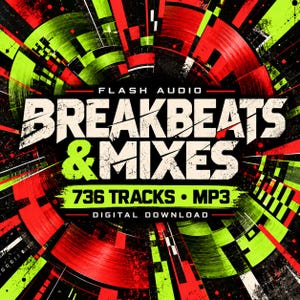 Op de afbeelding: Een digitale downloadafbeelding met de tekst FLASH AUDIO BREAKBEATS & MIXES 736 TRACKS MP3. Het ontwerp gebruikt een levendig cirkelvormig patroon met felle rode, limoengroene en zwarte kleuren, inclusief verweerde texturen en radiale lijnen.