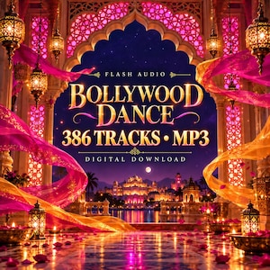 Könnte beinhalten: Eine Grafik für einen digitalen Download mit dem Text FLASH AUDIO BOLLYWOOD DANCE 386 TRACKS MP3. Das Bild zeigt einen verzierten Torbogen mit hängenden goldenen Laternen, fließenden rosa und orangefarbenen Stoffen und einem nächtlichen Palast.