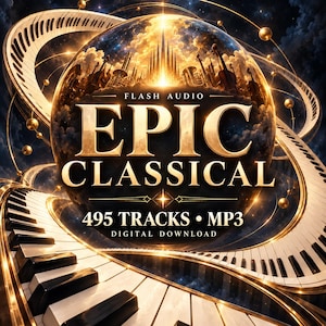 May include: A digital download product featuring a golden sphere with silhouettes of musical instruments and a cathedral. The text reads FLASH AUDIO EPIC CLASSICAL 495 TRACKS MP3 DIGITAL DOWNLOAD. A piano keyboard curves around the central sphere.