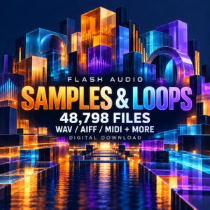 May include: A digital graphic featuring a futuristic cityscape of glowing orange, blue, and purple translucent blocks. Text reads: FLASH AUDIO SAMPLES & LOOPS, 48,798 FILES, WAV / AIFF / MIDI + MORE, DIGITAL DOWNLOAD. The scene reflects on a dark surface.