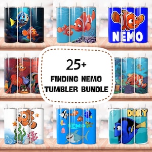 May include: A collection of Finding Nemo themed tumblers. The tumblers feature various characters from the movie, including Nemo, Dory, and other sea creatures. The tumblers are cylindrical and have a straw. The image also includes the text "25+ Finding Nemo Tumbler Bundle."