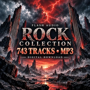 May include: A digital download graphic featuring the text FLASH AUDIO ROCK COLLECTION 743 TRACKS MP3 set against a dramatic landscape of jagged dark rock formations under a stormy red sky with lightning strikes and a glowing horizon.