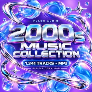 May include: A digital graphic featuring the text FLASH AUDIO 2000s MUSIC COLLECTION 1,341 TRACKS MP3 DIGITAL DOWNLOAD. The design includes metallic silver lettering, glowing blue and purple spheres, and swirling chrome ribbons on a vibrant purple background.