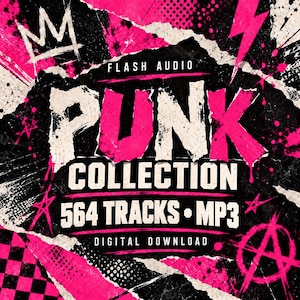 May include: A digital download graphic featuring the text FLASH AUDIO PUNK COLLECTION 564 TRACKS MP3. The design uses a distressed collage style with black, white, and bright pink colors, including a crown, lightning bolt, and anarchy symbol.
