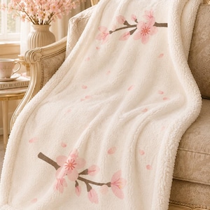 Cherry Blossom Sherpa Blanket | Soft Sakura Fleece Throw | Cozy Pink Floral Blanket | Spring Home Decor | Gift for Her