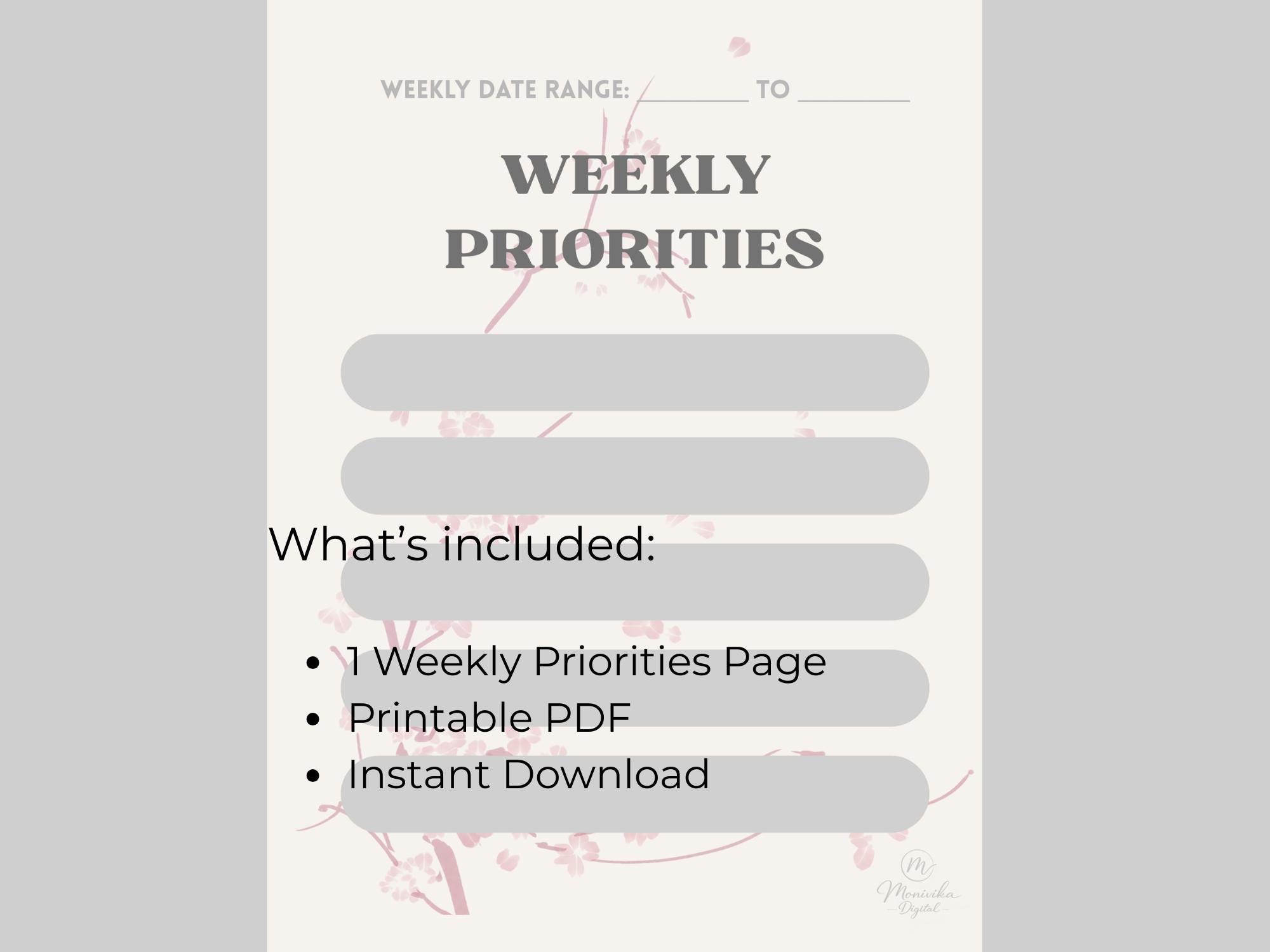 Weekly Priorities Planner Printable | Minimal Weekly Planner | Sakura ...