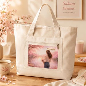 Sakura Gold Tote Bag | Cherry Blossom Canvas Tote Bag | Aesthetic Japanese Floral Bag | Zipper Cotton Tote | Cute Everyday Bag