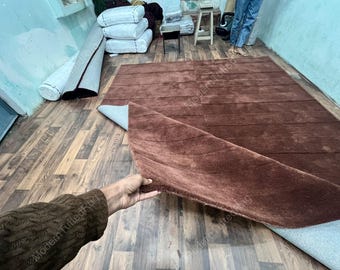 Alfombra de lana tejida a mano: Alfombra moderna de color marrón chocolate liso para dormitorio.