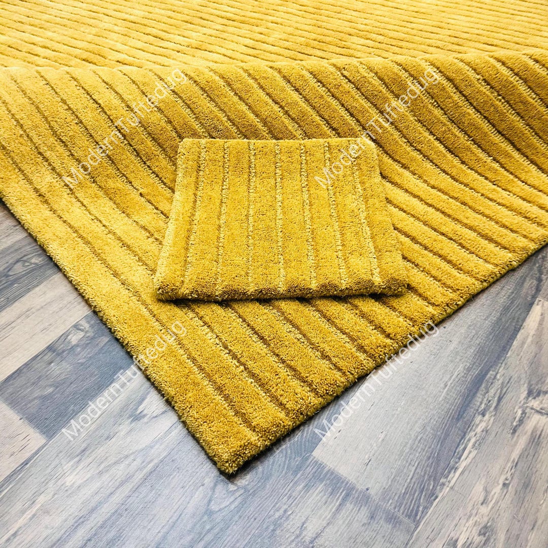 Solid Loop Rug Hand Tufted Wool Rug: Mustard Yellow Solid Loop Cut Pile, Modern Design ...